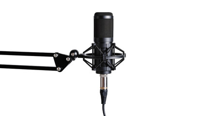 Black condenser microphone on adjustable boom arm, isolated on transparent background © Maria