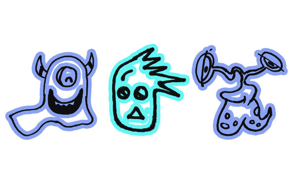 Cute doodle monster characters set, alien creatures cartoon doodle art, isolated on transparent background.