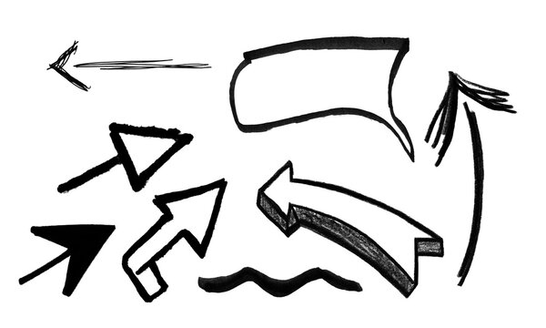 Hand Drawn Black Ink Marker Arrow Set and Speech Bubble Isolated on Transparent Background