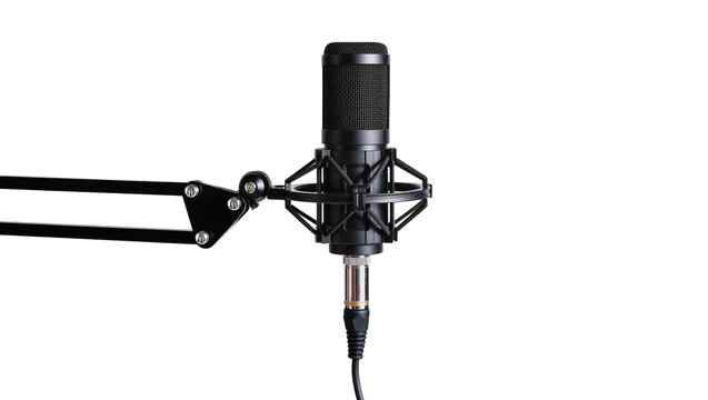 Black condenser microphone on adjustable boom arm, isolated on transparent background