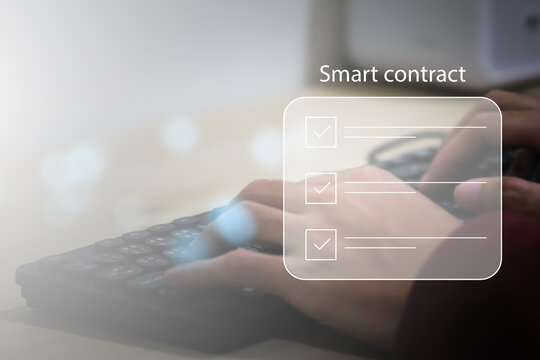 Smart contract concept with digital signature, blockchain technology, electronic agreement, secure online transaction, legal document automation, decentralized finance, and business compliance.