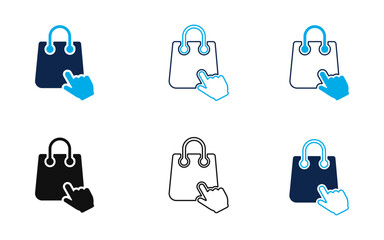 Fototapeta premium Vector icon set of hand clicking a shopping bag symbol in various styles for online retail and e-commerce website interface design with shopping