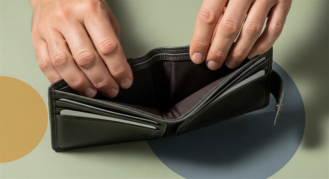 Empty leather wallet held open by hands, broke person showing empty wallet, financial crisis and poverty concept