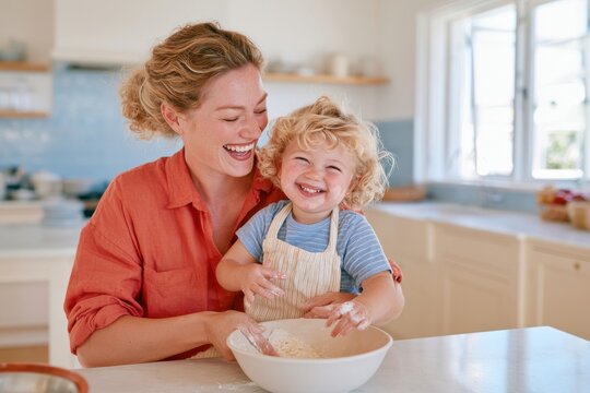 Warm candid moment of parent and toddler cooking together in bright kitchen