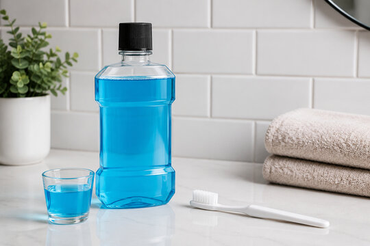 Blue mouthwash in clear glass bottle with small glass cup and toothbrush on white bathroom counter, folded beige towel, oral hygiene concept.