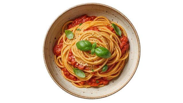 Spaghetti with tomato sauce and basil leaves, isolated on transparent background