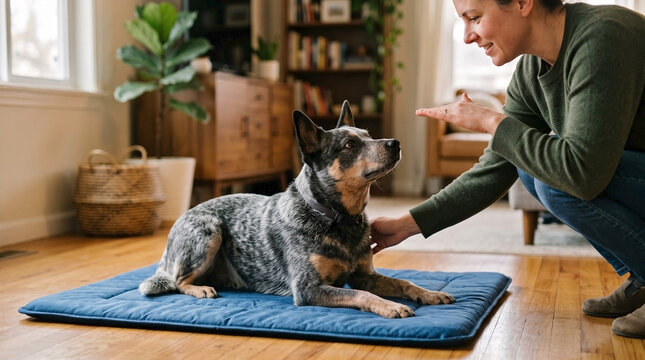 Woman teaching Australian Cattle Dog lie-down command on mat in home for pet obedience training, responsible ownership, and canine learning sessions