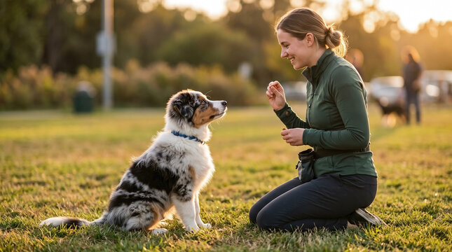Young Woman Smiling Teaching Australian Shepherd Merle Puppy Obedience Commands in Park at Golden Hour for Pet Care Blogs, Dog Training Websites, and Animal Behavior Education