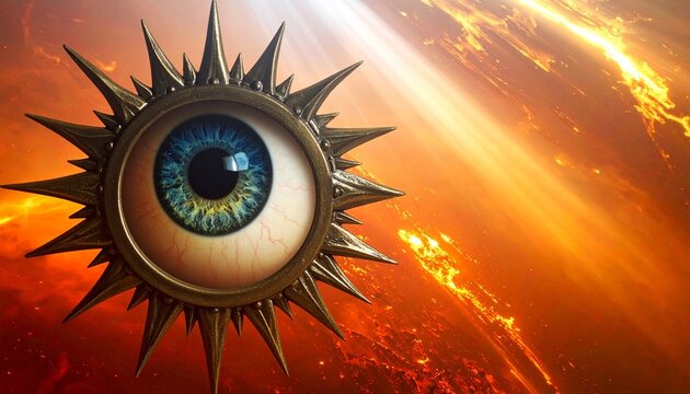 &ldquo;Surreal mechanical eye with metallic spikes against fiery cosmic orange-yellow background, blending vision, machinery, and cosmic energy in symbolic fusion.&rdquo;