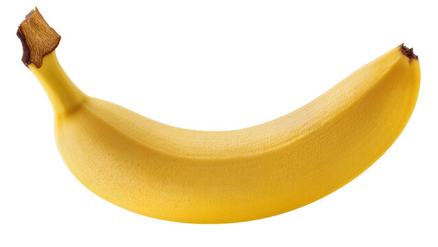 Ripe yellow banana with brown stem tip, isolated on transparent background