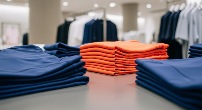 Folded t-shirts on display table in retail store, stacked colorful shirts in clothing boutique, modern apparel shop interior