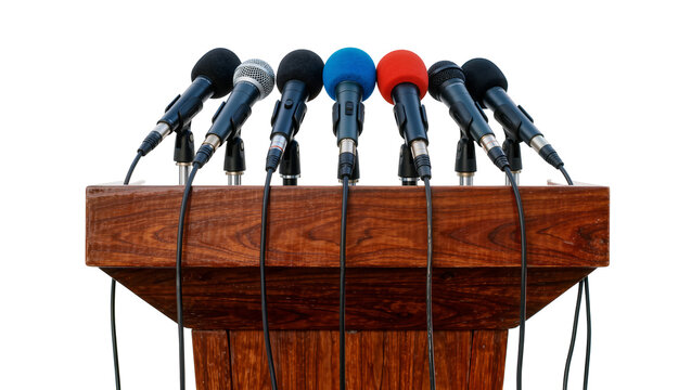 Wooden podium with multiple microphones, isolated on transparent background