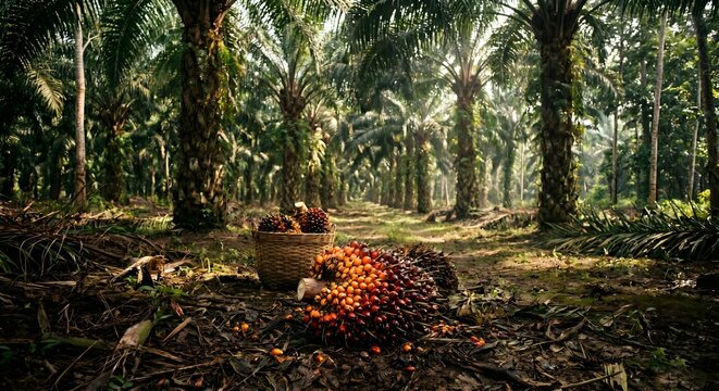 Freshly Harvested Big Red Palm Fruit Bunch Resting on Field in Palm Plantation