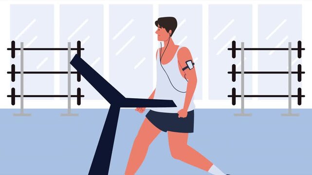 Illustrated Man Exercising on Treadmill in Gym, Animated Cardio Fitness Running Workout, Sports Health Training Concept with Dynamic Motion Graphics on Clean Background.