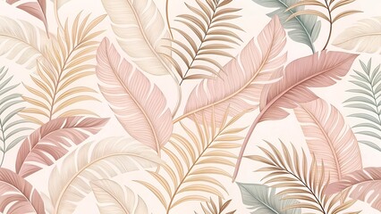 Fototapeta premium Soft pastel palm leaves and feathers in a seamless pattern with diffused light for organic design