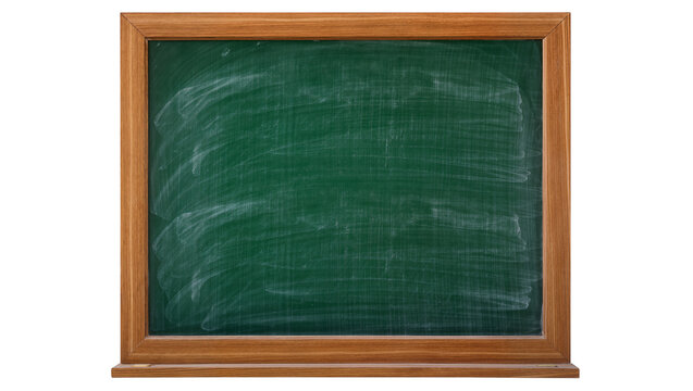 Green chalkboard with wooden frame smudged with chalk dust, isolated on transparent background