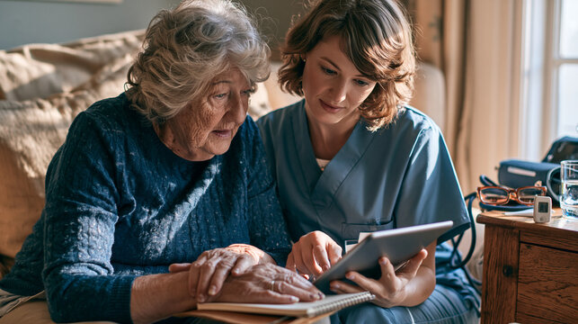 Female Nurse Showing Digital Tablet Screen to Senior Woman Patient During Home Healthcare Checkup