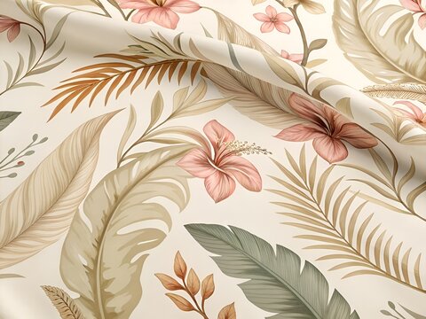 Tropical floral pattern on flowing fabric with muted pink hibiscus and palm leaves in soft light