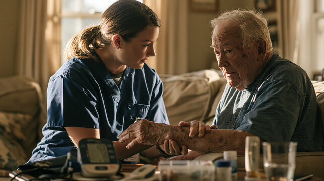 Female Home Nurse Checking Pulse and Blood Pressure for Senior Male Patient