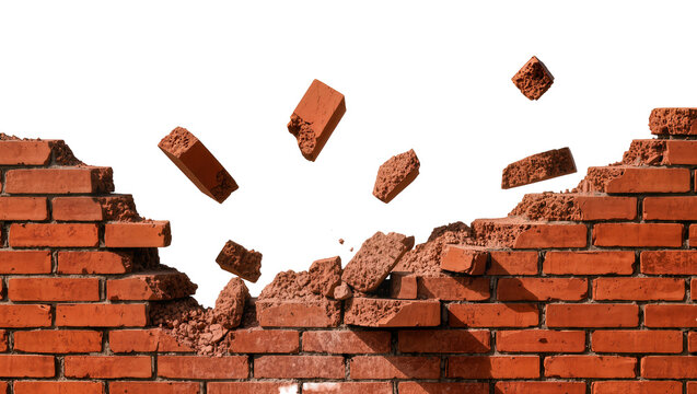 Red brick wall crumbling with flying debris, isolated on transparent background