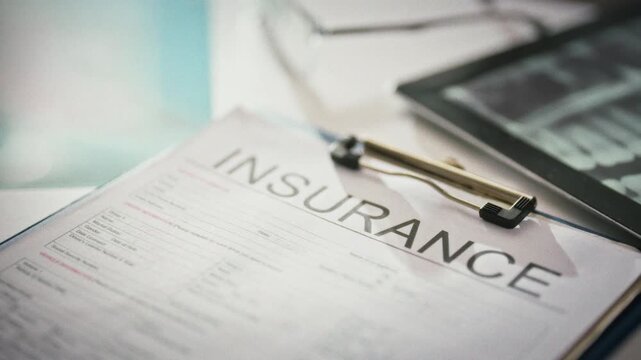 In a dental office, a medical insurance policy form for dentistry rests on the examination table, detailing coverage for dental treatment and guiding the dentist and patient through the care process
