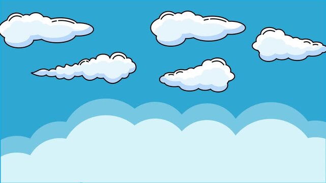 Blue Sky with White Cumulus Clouds in Anime Style, Seamless Loop Animation, Cartoon Background Motion Graphics