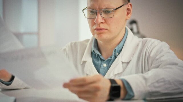In bright medical office, a doctor wearing glasses carefully reviews patient documents. Holding a patient card and insurance form, he scrutinizes each record, exemplifying precise clinical assessment