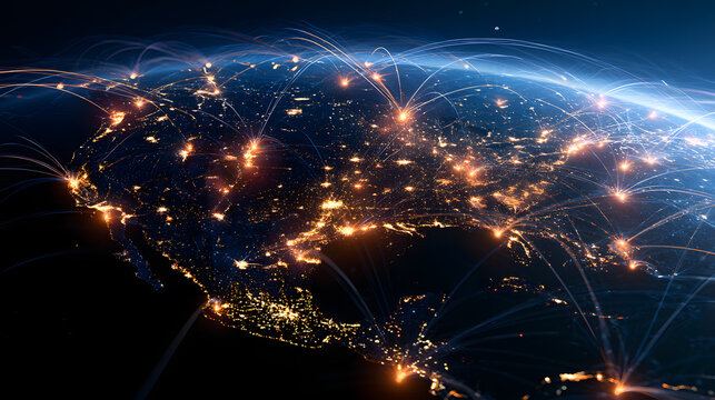 The Earth, seen from a future perspective, is bathed in glowing connections and city lights, highlighting a dynamic digital network