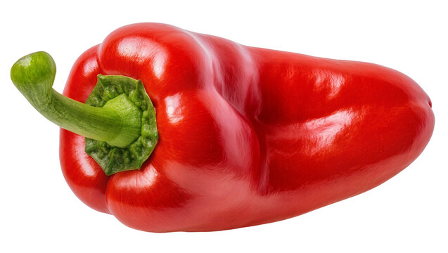 Shiny red bell pepper with green stem, isolated on transparent background