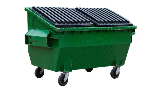 Green dumpster with black ribbed lid and wheels, isolated on transparent background