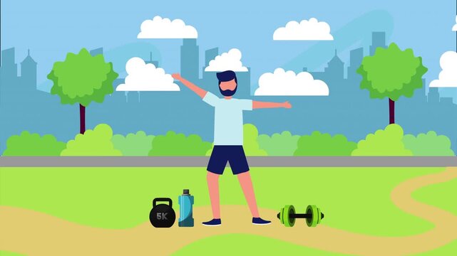 Man Exercising with Dumbbells with Raised Arms in Park, Animated Fitness Workout in Front of City Skyline, Urban Outdoor Sports Health Concept with Dynamic Motion Graphics.