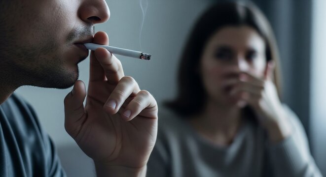 Man smoking cigarette while woman in background reacts to secondhand smoke.