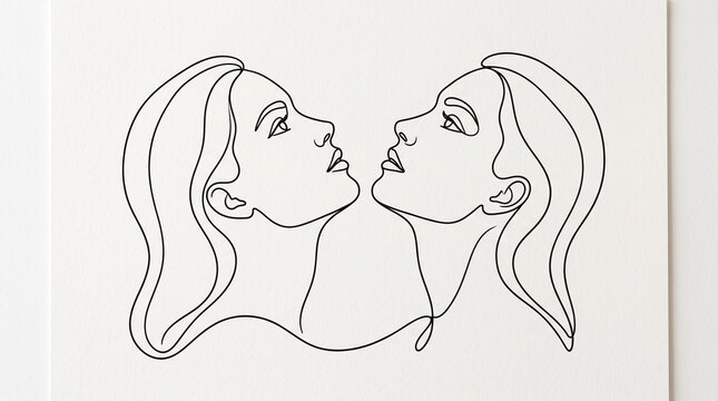 &ldquo;Minimalist continuous line drawing of two human faces in profile, facing each other, connected by a single unbroken outline, symbolizing symmetry, unity, and emotional connection.&rdquo;