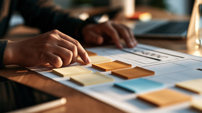 Elegent photo of A designer hand arranging sticky notes on a wireframe sketch on a dark office desk. Concept for user experience planning and collaborative website development process.