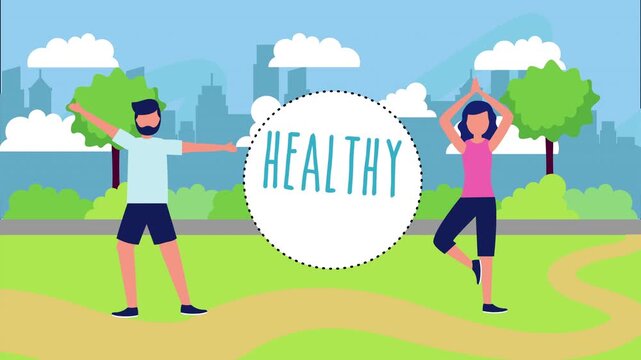 Two Stylized Figures Exercising in Park Stretching and Doing Yoga Pose with Healthy Lifestyle Message Overlay, Animated Wellness Outdoor Fitness Concept with Dynamic Motion Graphics.