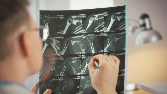 Inside a bright diagnostic room, a doctor scrutinizes MRI scans and X-ray images, evaluating fractures and pinpointing operative challenges, ensuring a thorough examination before surgery