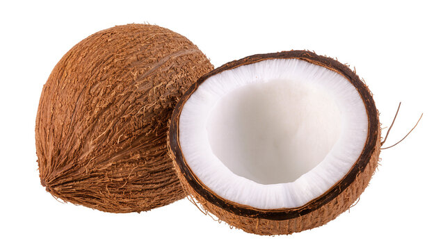 Whole brown coconut and half coconut with white flesh, isolated on transparent background