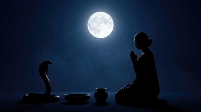 Nag Panchami traditional celebration, silhouette of female devotee praying to cobra snake, kneeling with ritual pot bowl under bright glowing full moon in dark blue night sky.
