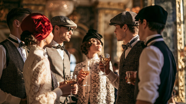 Vintage 1920s style friends enjoying cocktails at an elegant retro party in a gilded ballroom