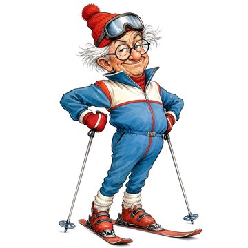 Cheerful Older Man Skiing in Retro Outfit