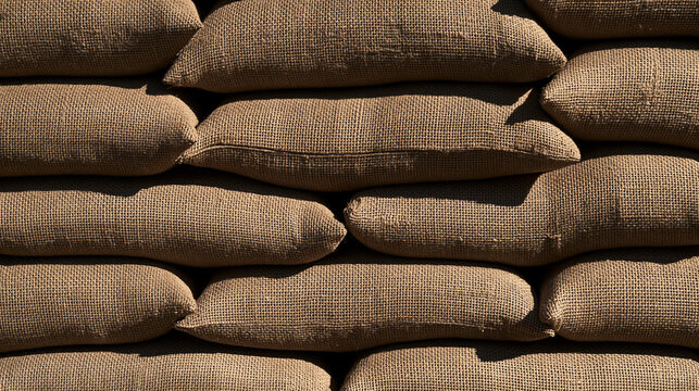 Elegent photo of A stack of textured burlap sandbags piled in direct sunlight. Useful for military fortification, flood protection, or industrial logistics concepts.