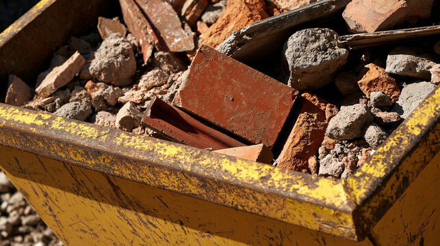 Elegent photo of A yellow metal dumpster filled with red brick debris and concrete rubble under bright sunlight. Ideal for representing construction waste management or demolition projects.