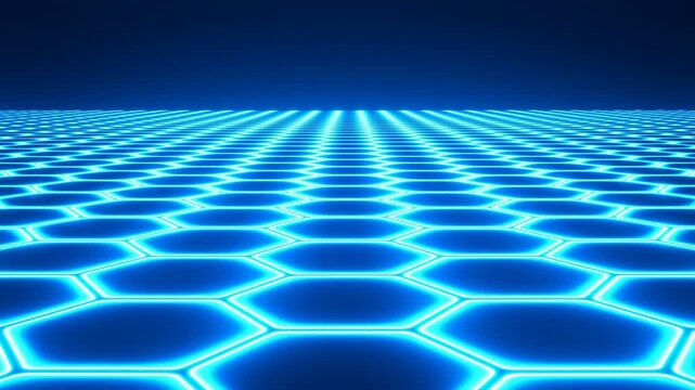 Glowing neon hexagonal grid receding across glossy dark surface with centered vanishing point, repeating geometric pattern, cool blue light, deep perspective and futuristic abstract backdrop