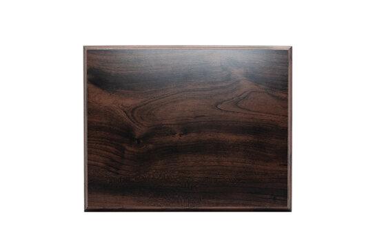 Dark wooden award plaque with visible grain pattern isolated on white background. Blank mockup template for creative design and branding of sophisticated recognition awards, certificates, and diplomas