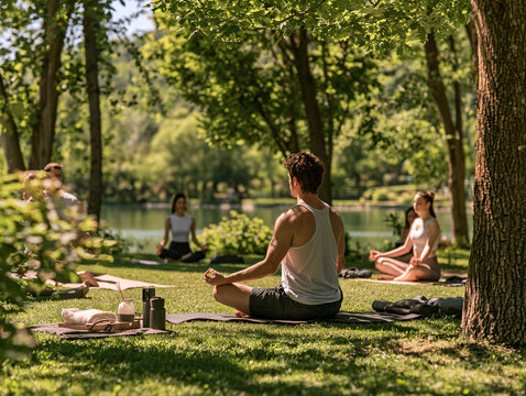 Diverse Yoga Instructor Leading Inclusive Meditation Class Authentic Mental Health Wellness Realism Peaceful Nature