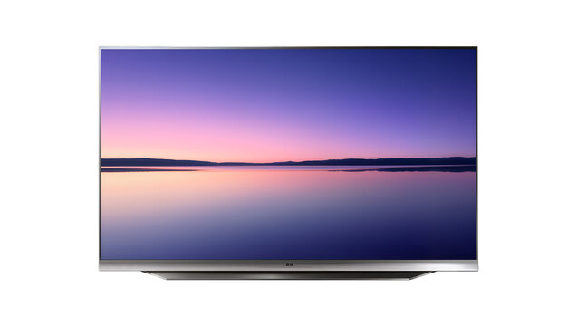 Modern flat screen television displaying a serene sunset over water, isolated on transparent background