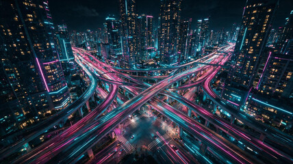Bright futuristic city skyline illuminated at night © Farhan
