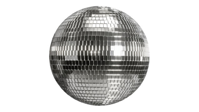 Shiny silver disco ball with mirrored squares, isolated on transparent background
