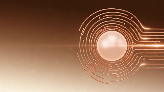 Abstract Copper Circuitry Forming Concentric Rings Around a Glowing Sphere
