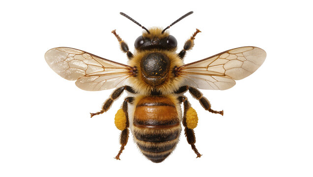 Fuzzy honey bee with pollen baskets on legs, isolated on transparent background
